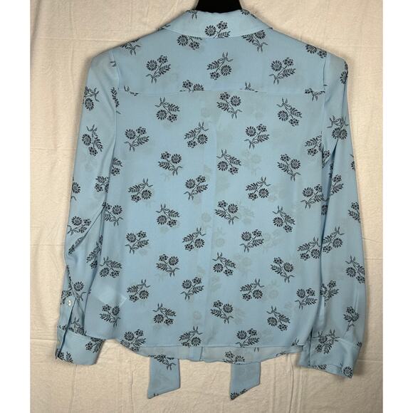 NWT Brooks Brothers Bow Blouse - Light Blue Floral Silk-Look Top - Size 6 - Picture 2 of 12